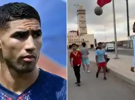 أشرف حكيمي يتوقف للعب كرة القدم مع أطفال الشوارع في المغرب أشرف حكيمي يلعب كرة القدم مع أطفال الشوارع في المغرب