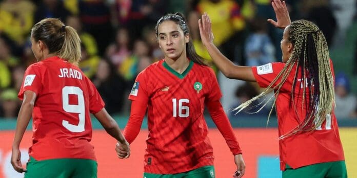 FBL-WC-2023-WOMEN-MATCH48-MAR-COL Les joueuses de l'équipe nationale marocaine des moins de 17 ans lors du match contre l'Allemagne à la Coupe du monde